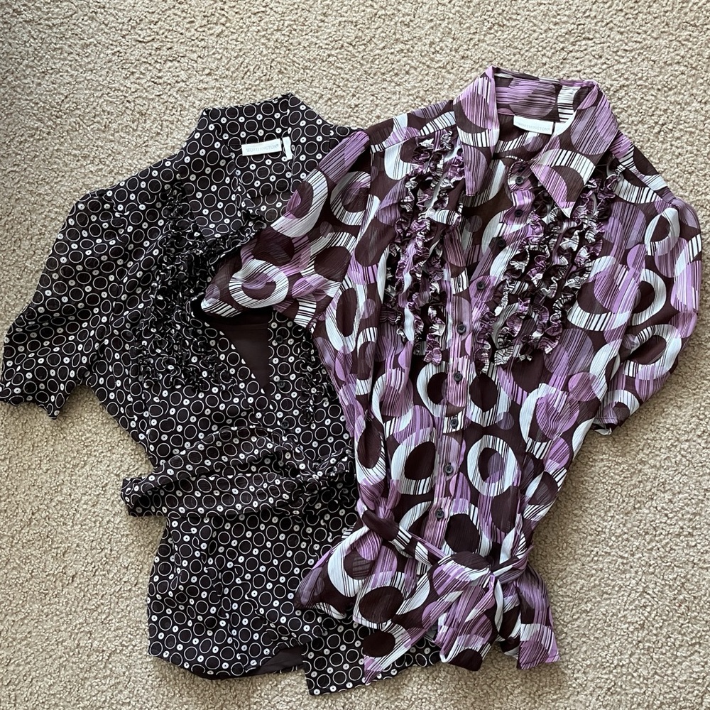 Worthington Purple and Brown Circular Print Ruffle Blouse